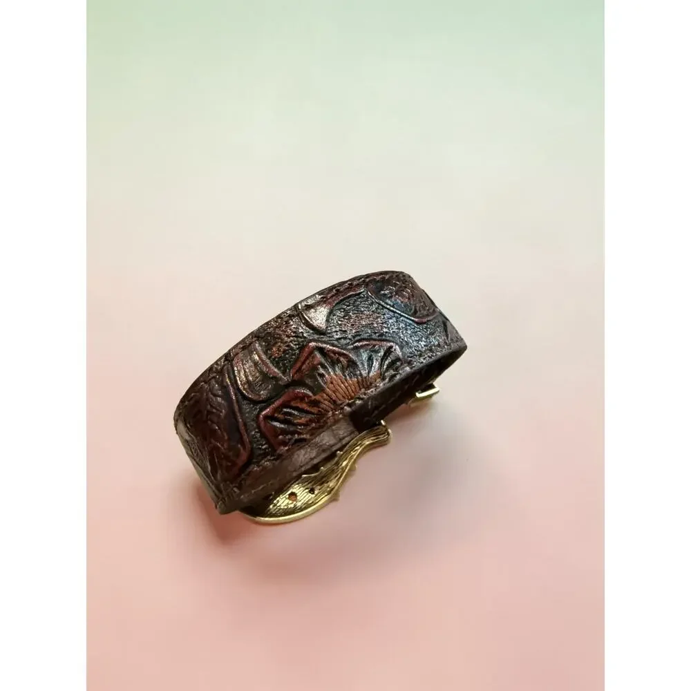 Barse Coral Tooled Leather Belt Buckle Bracelet Western Boho Thailand 11